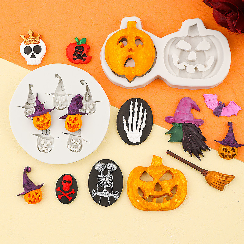 Pastel de Halloween Molde de silicona Calavera Calavera Calabaza Red de araña Sombrero de mago Funda de decoración de pastel de chocolate con fondant