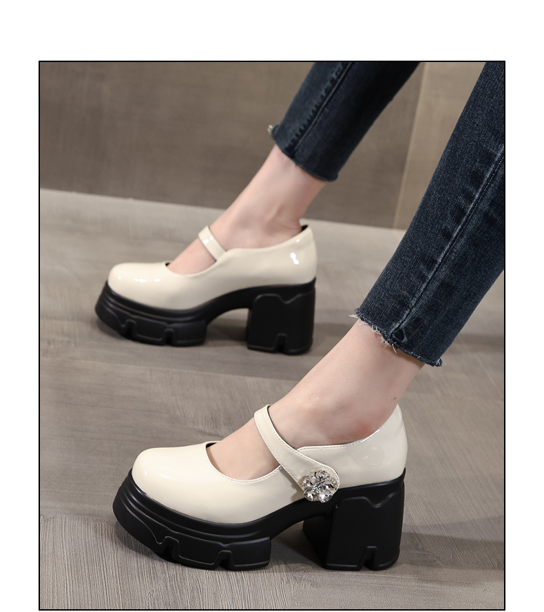 Giày sandal cao gót nữ quai ngang gót thô đế dày tăng chiều cao phong cách học đường — Màu be, Màu đen chi tiết 14