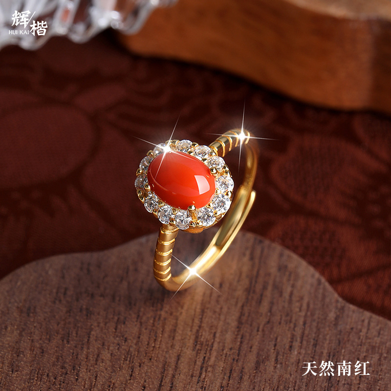Huikai Jewelry S925 Anillo de plata esterlina Mujer Natural South Red Moda Simple geométrico Oval Egg Ring Fabricante