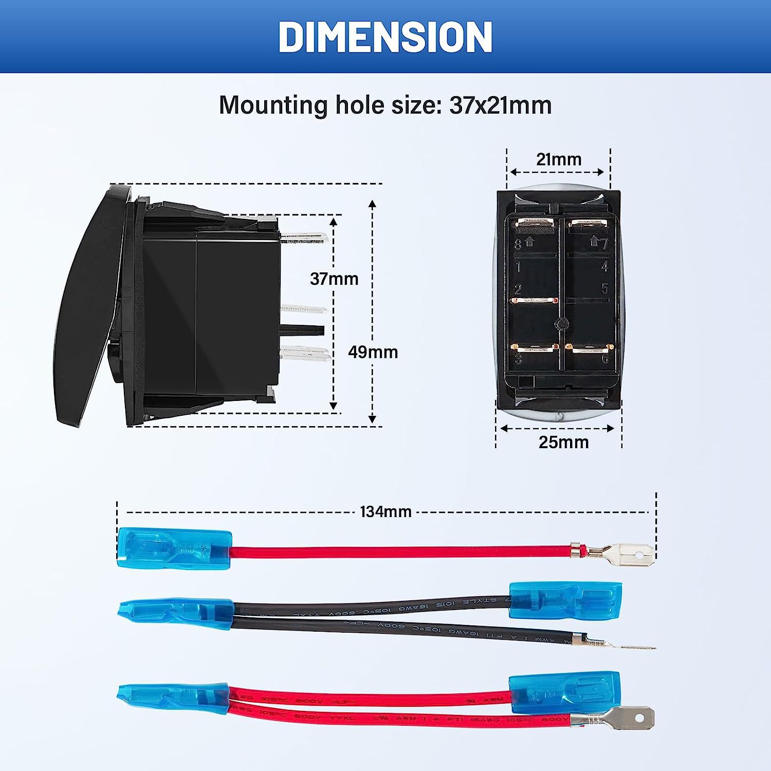 Joystick switch 5-pin SPST 20A/12V 10A/24V taillight on/off, blue LED waterproof marine toggle switch