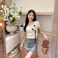立体拼接花朵甜美短袖针织衫女夏季套头方领显瘦修身小个子上衣女