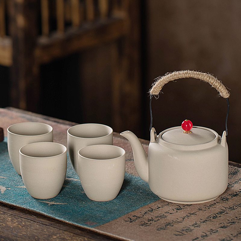 Juego de Té para Preparar con Carbón Vegetal, con Tetera de Cerámica Rústica Vintage, Tetera con Asa Lateral, Jarra, Estilo Chino para Exteriores y Hogar.