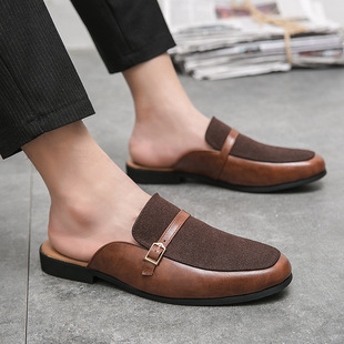 Foreign Trade Men's British Style Business Half-slip Small Leather Shoes Men's Cross-border Large Size Fashionable Breathable Slip-on Toe-cap Slippers for Men