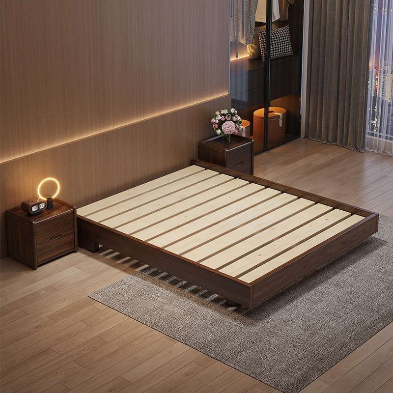 Solid Wood Bed Without Bedside, Tatami Floor Bed, 1.5m Bed Frame Slatted Frame, Space-Saving Single Bed for Small Bedroom