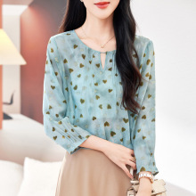 杭州双绉真丝印花衬衫女长袖2025新款圆领显瘦七分袖桑蚕丝上衣