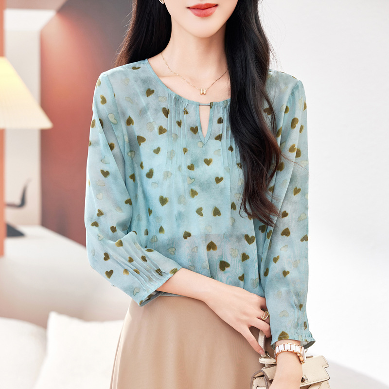 Hangzhou Double Crepe Silk Printed Shirt for Women, Long Sleeve, 2026 New Model, Round Neck, Slim Fit, Three-Quarter Sleeve, Mulberry Silk Top Hangzhou Double Crepe Silk Printed Shirt for Women, Long Sleeve, 2026 New Model, Round Neck, Slim Fit, Three-Quarter Sleeve, Mulberry Silk Top