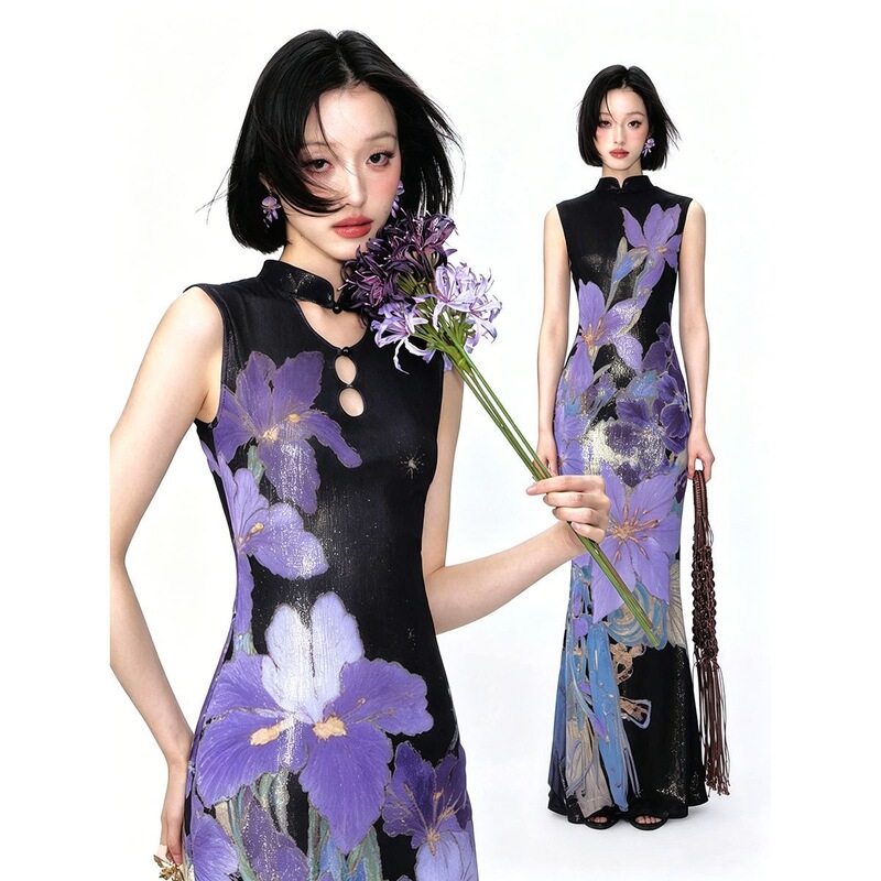 New Chinese-Style Floral Print Reversible Improved Cheongsam Dress with Stand Collar, Buttoned Hem, and Fishtail Design, Summer New Model