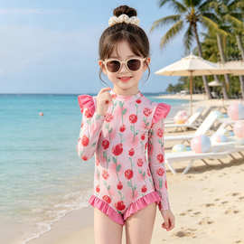 儿童连体泳衣2026新款女童装游泳衣荷叶边女童长袖防晒泳装夏装潮