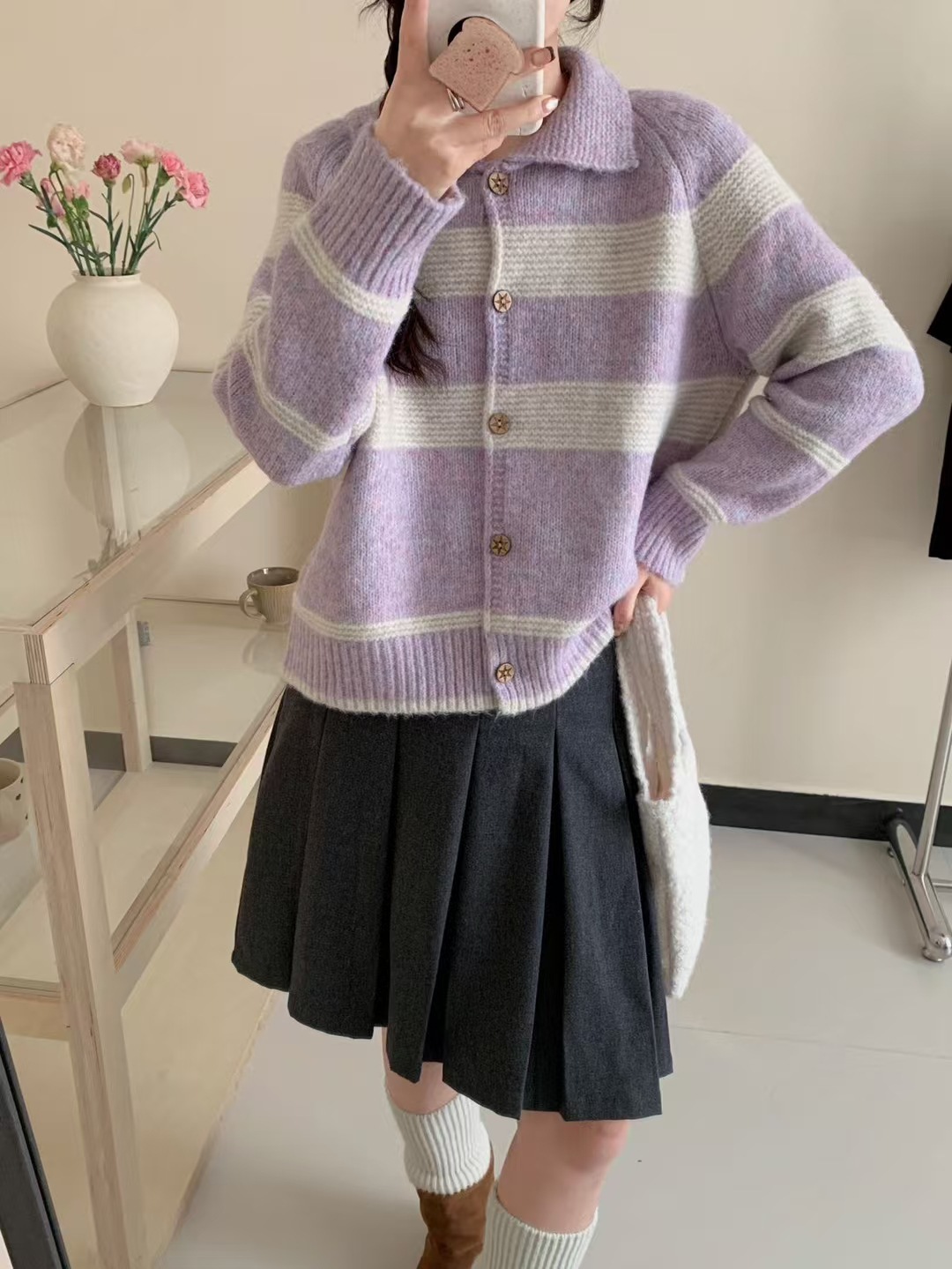 Coreano retro contraste a rayas suéter con solapa Cardigan abrigo de mujeres otoño invierno suelto viento perezoso camiseta de punto pequeña