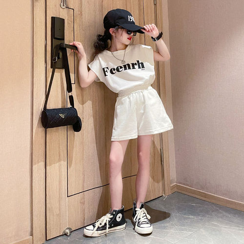 Girls Summer Sports Suit  New Fashionable Middle and Large Children's Letter T-shirt Five-piece Pants Two-piece Set Trendy