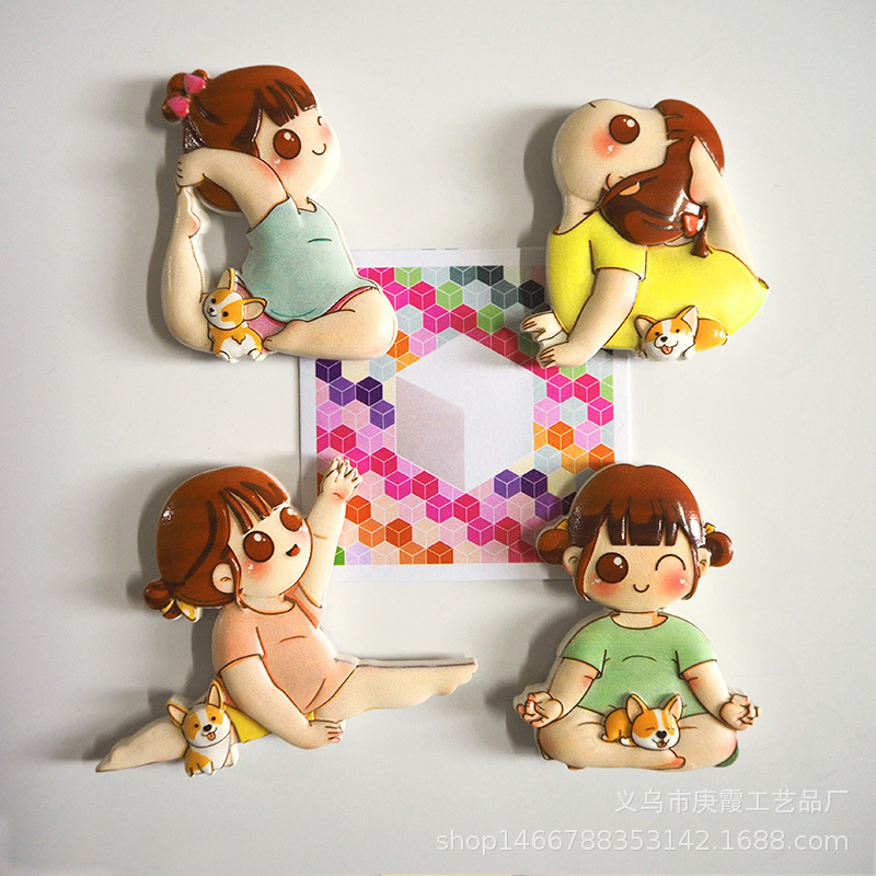 Cute fridge magnet creative yoga girl resin cartoon 3d magnetic sticker anime magnet home decoration