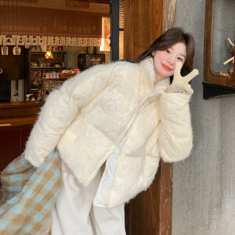 Beige colored winter short warm down jacket