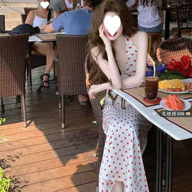 法式甜美挂脖爱心波点连衣裙女+开衫两件套2025新款