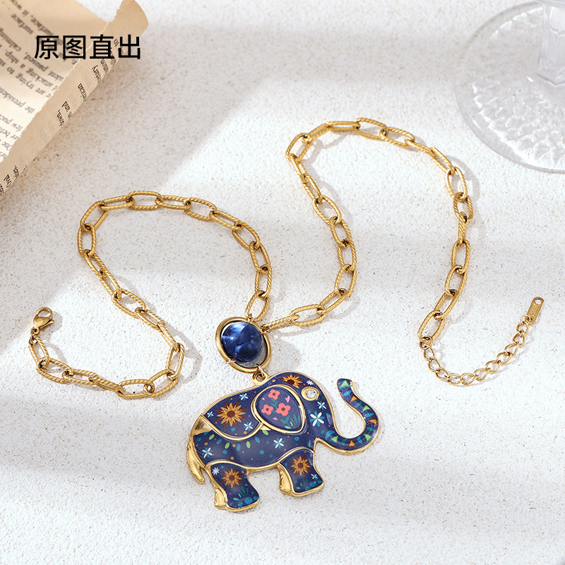 Estación independiente europea y americana de la explosión de collar de colgante de elefante de color goteo de aceite de titanio acero no decoloración joyería al por mayor
