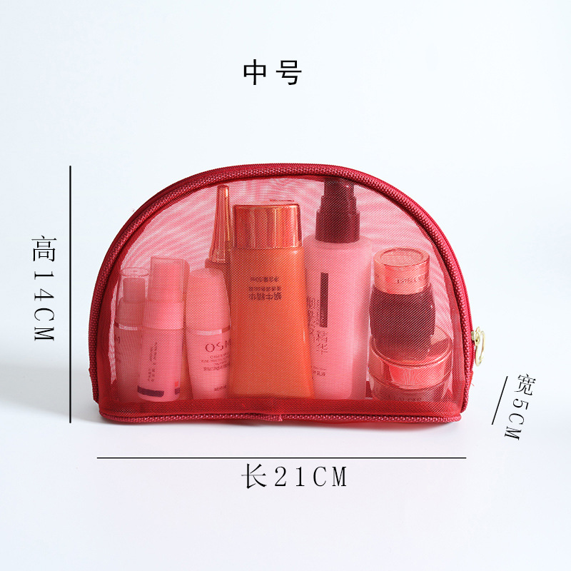 Semicírculo Rojo Negro en stock portátil simple transparente semicírculo Rojo sola red de gran capacidad de almacenamiento bolsa de cosméticos