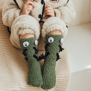 Children's socks mid-barrel autumn and winter baby coral fleece socks thickened warm cute baby funny floor socks non-slip