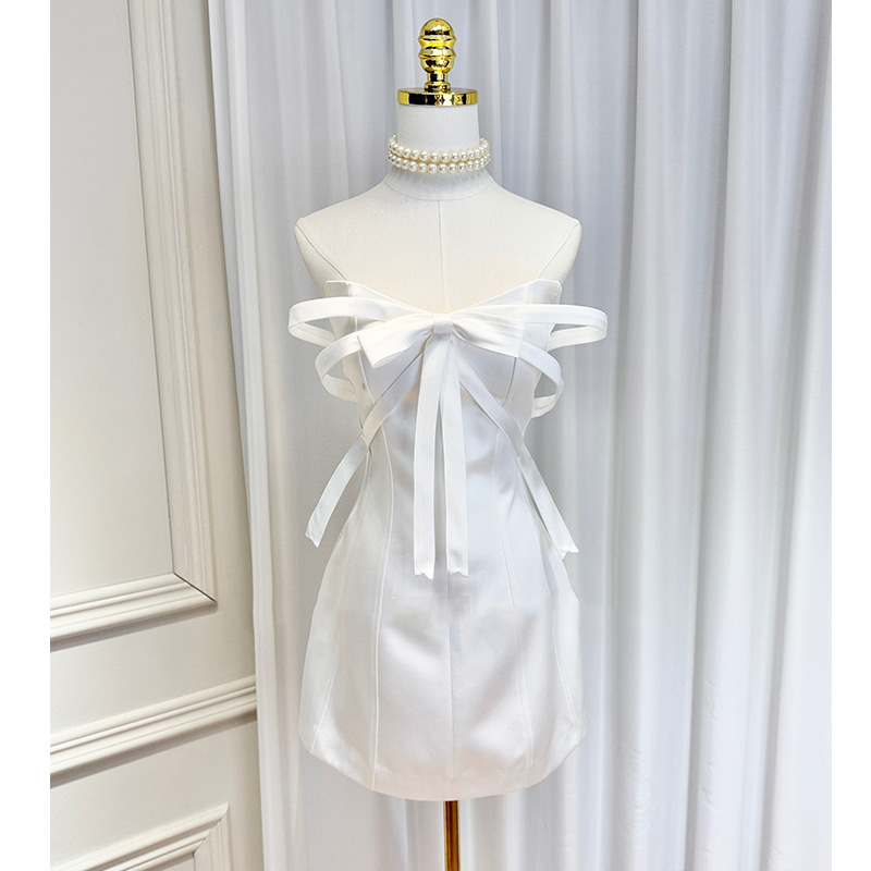 Niche Design Sweet Three-dimensional Bowknot Strapless with Chest Pad Fishbone Waistline Satin Birthday Dress dress