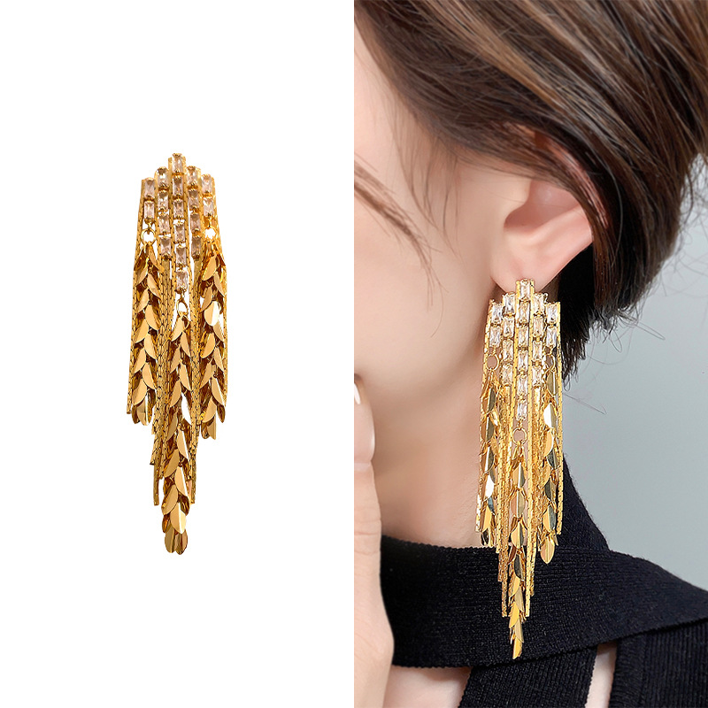 European American Niche Designer Earrings With Wheat Ears, Gold Silver Leaves, Tassels. Fashionable, Unique, And Exuding_voghion.com
