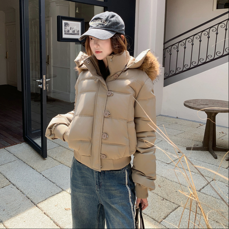 여성을위한 미국 검은 색 모피 칼라 후드 다운 코튼 자켓 겨울 따뜻한 두꺼운 슬림 짧은 코튼 자켓 탑