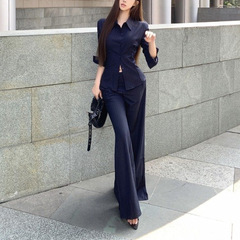 御姐高级感套装气质polo领长袖条纹衬衫女秋季微喇叭休闲裤两件套