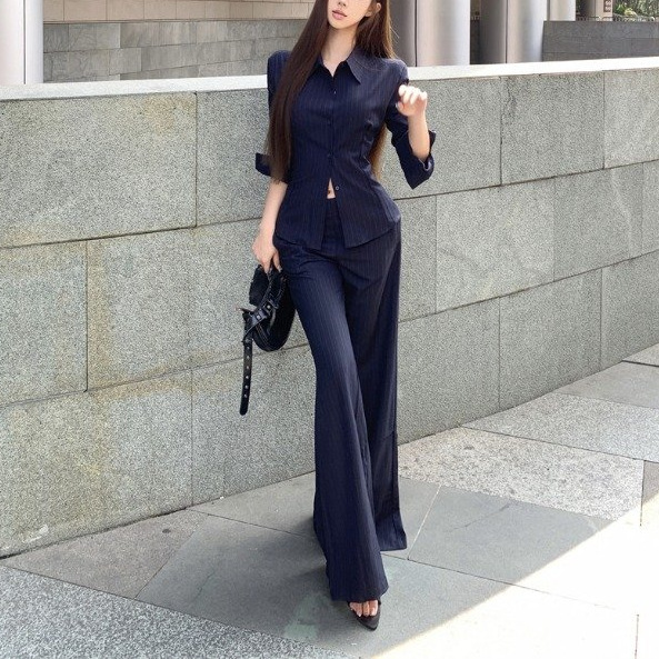御姐高级感套装气质polo领长袖条纹衬衫女秋季微喇叭休闲裤两件套|undefined