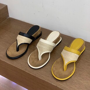 Retro Wedge Braided Thong Flip-Flops for Women's Summer Outer Wear New Holiday Style with Skirt Beach Sandals