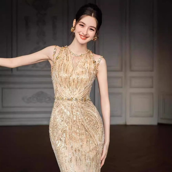 Evening Dress Women's Golden Heavy Industry High-end Banquet Light Luxury Elegant Socialite Engagement Sequin Fishtail Dress Toast Dress Bride