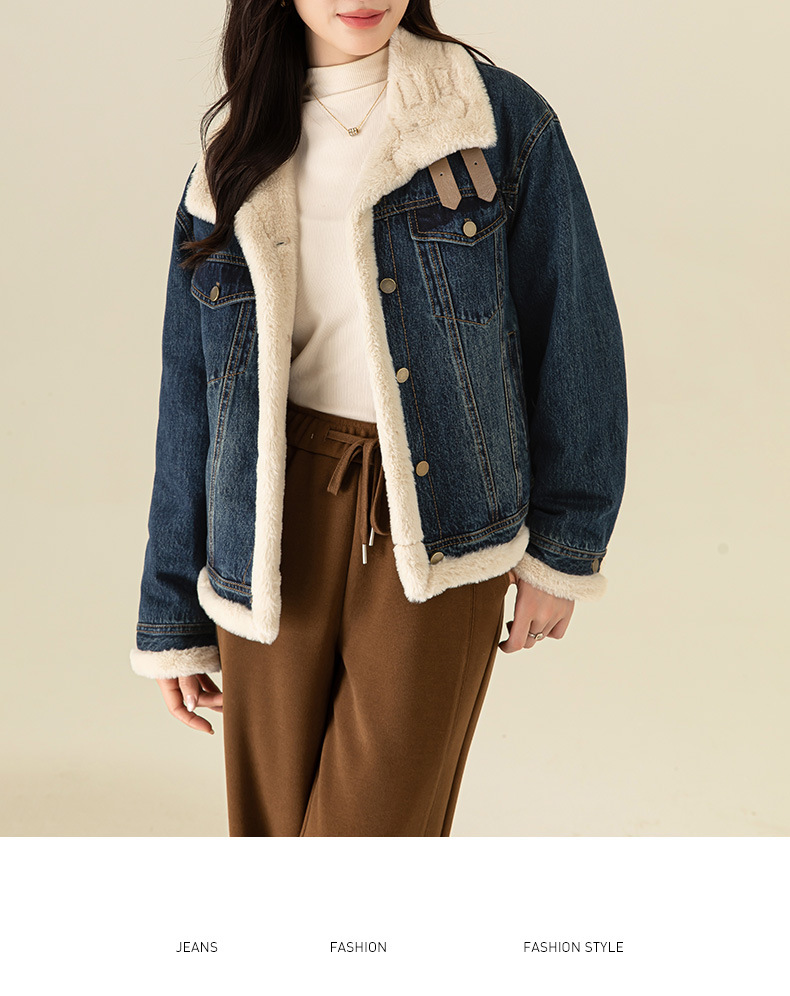 Áo khoác denim nữ phong cách Hàn Quốc, dáng suông, có lớp lót nhung dày giữ ấm — Màu xanh lam (ấm chống lạnh cộng với nhung dày) chi tiết 20