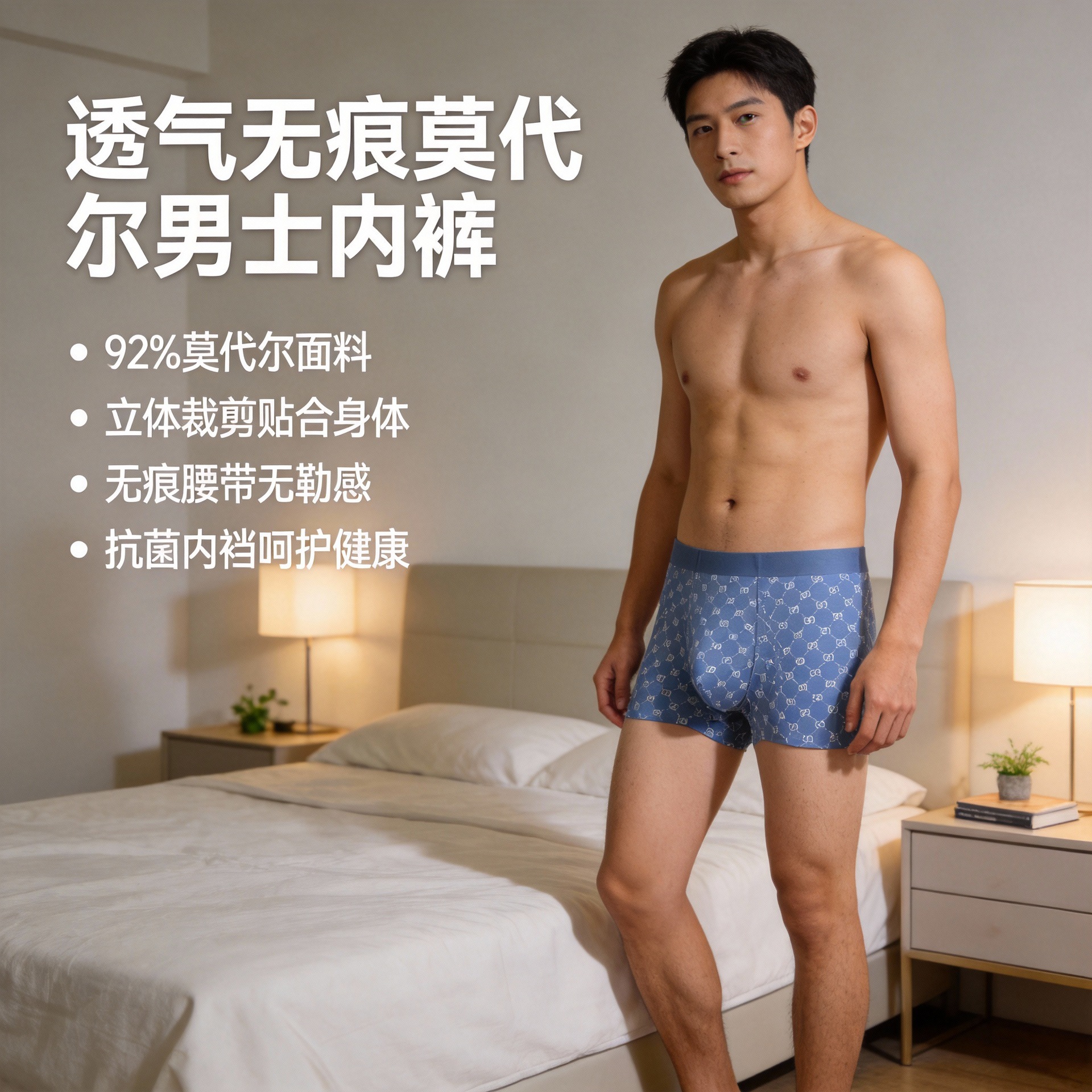 新款男士内裤莫代尔无痕印花透气凉感中腰平角内裤男生四角裤盒装