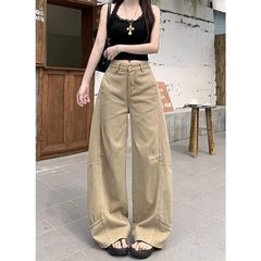 【韩牛】2025年秋季新款设计宽松美式复古卡其色弯刀阔腿牛仔裤女