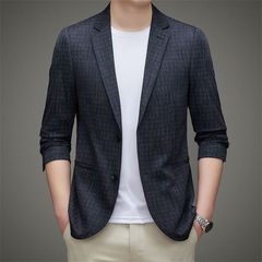 秋季新款高档西装男休闲时尚单西外套中年男士针织弹力西服外套