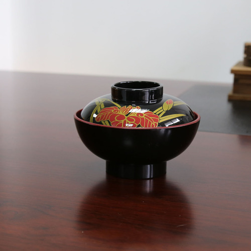 日式黑红双色汤碗吸物碗餐厅一人份味甑碗小花碗食堂饭碗口径12CM