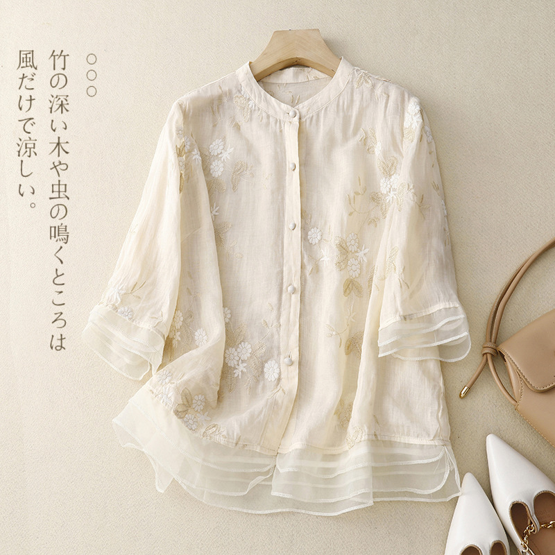 Real Shot of 2025 Summer New Style Literary Loose Embroider Splicing Organza Stand Collar Five-Quarter Sleeve Shirt Women's Top Real Shot of 2025 Summer New Style Literary Loose Embroider Splicing Organza Stand Collar Five-Quarter Sleeve Shirt Women's Top