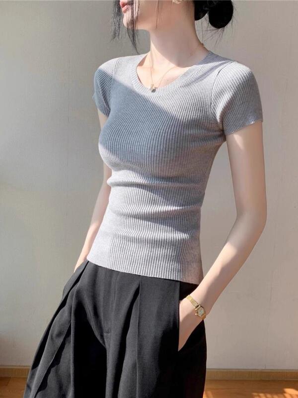 Dopamine Gray Knitted Short-Sleeve T-Shirt for Women, New Summer French Style, Beautiful Waist-Cinching Crop Top