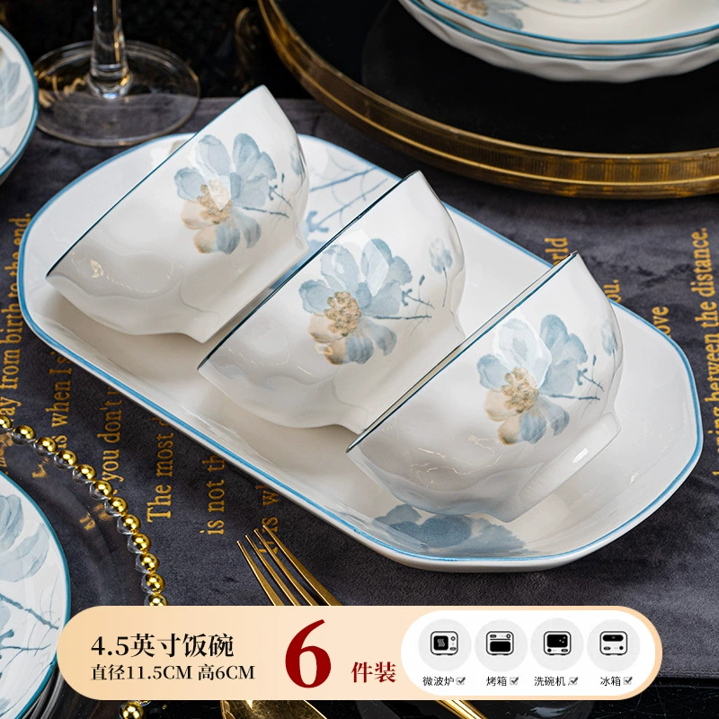 Керамический набор посуды Jingdezhen Ningxiang, подглазурная цветочная роспись, разные размеры