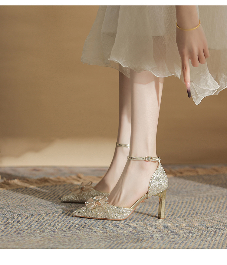 Giày sandal cao gót nữ quai ngang mũi nhọn gót nhọn CH8006-5 — Màu Sâm panh chi tiết 15