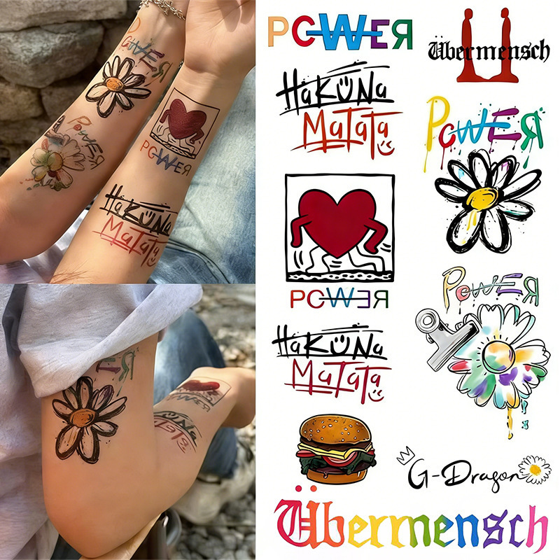 Cross-Border Colorful Daisy Tattoo Stickers Waterproof Long-Lasting Arm Tattoo Stickers Same Style as G-Dragon for Fans English Colorful Tattoo Stickers
