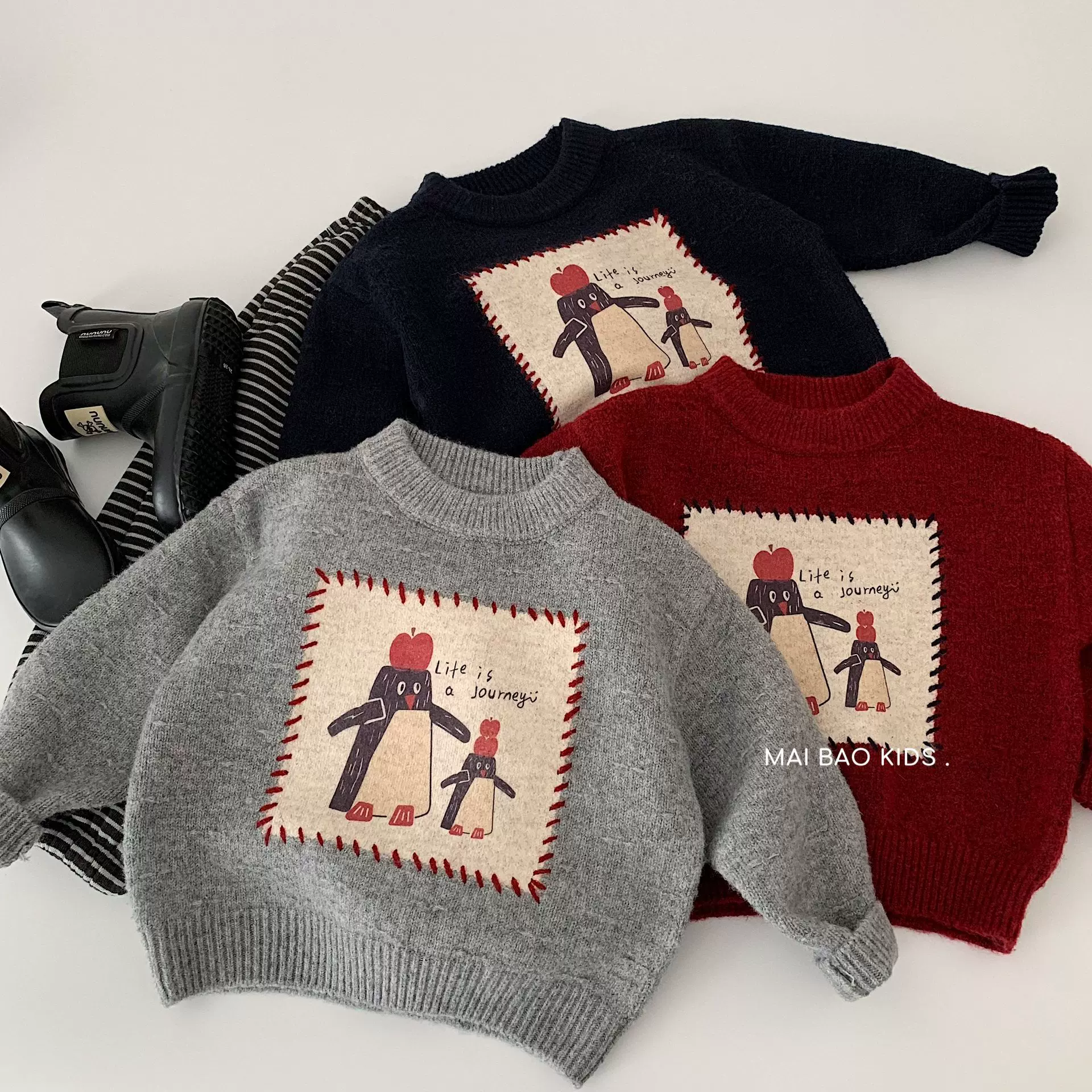 麦宝儿童针织衫2025冬季新款韩版男女童加厚套头毛衣宝宝冬装上衣