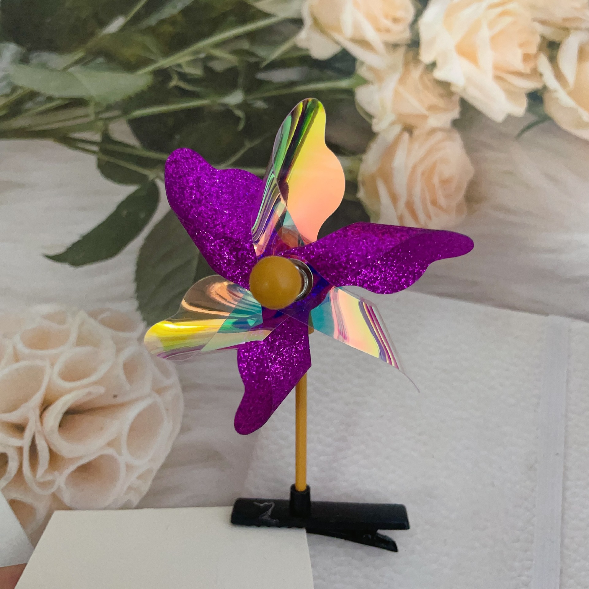 더블 보라색 6 잎 풍차 머리핀