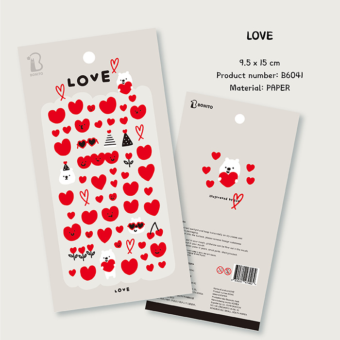 跨境韩国BONITO红爱心B6041可爱红桃心表情小熊手机装饰手账贴纸