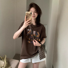 Hers韓系シンプル博主風レトロカジュアル随行性象アルファベットプリント半袖tシャツ女夏20870