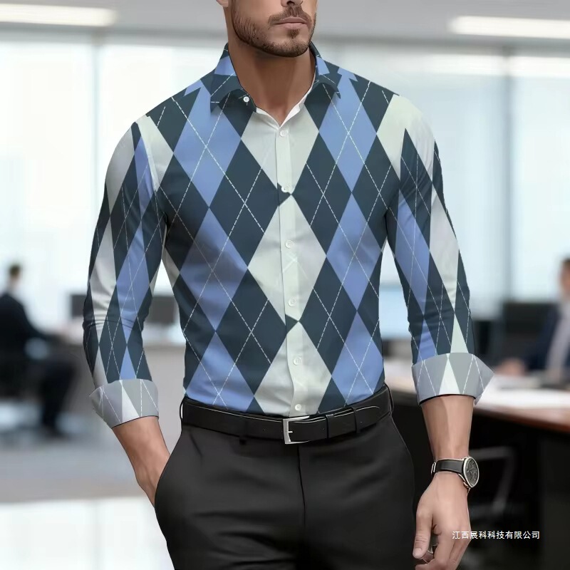 Men's Shirts Feature a Diamond-Shaped Plaid Pattern, Personalized Contrasting Color Design, and a Versatile Street Style Men's Shirts Feature a Diamond-Shaped Plaid Pattern, Personalized Contrasting Color Design, and a Versatile Street Style