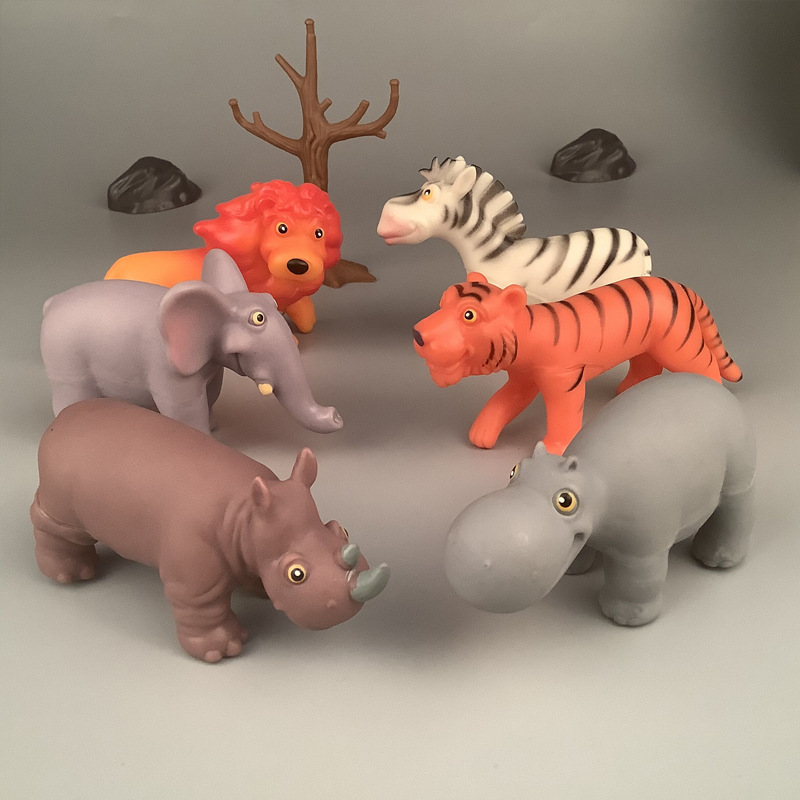 6款卡通软胶空心森林动物实用新型小玩具虎狮子斑马犀牛河马大象