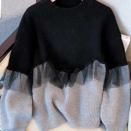 加绒长袖上衣女2025秋冬季新款韩版宽松减龄显瘦遮肚拼接毛衣