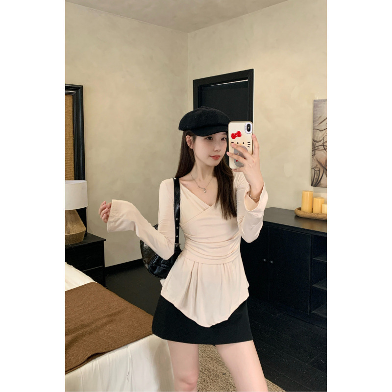Discount European Plus-Size Autumn and Winter New Pure Desire Spicy Girl Style Irregular Cross V-Neck Slim-Fit Base T-Shirt