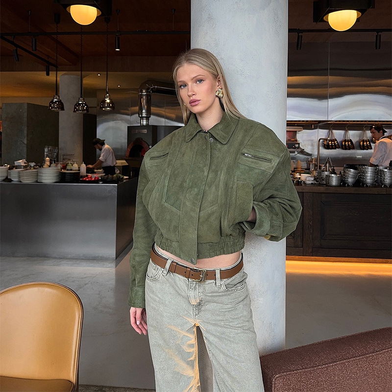 Casual Short Zipper Jacket European and American Cross-Border 2025 Summer New Street Trendy Lapel Suede Jacket