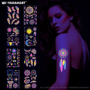 2pcs creative fluorescent tipping flower arm tattoo for women girls singer night club bar waterproof feathers arm tattoo stickers