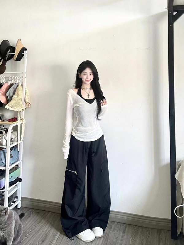三件套女2025秋季纯欲风辣妹防晒长袖罩衫上衣吊带背心高腰阔腿裤|undefined