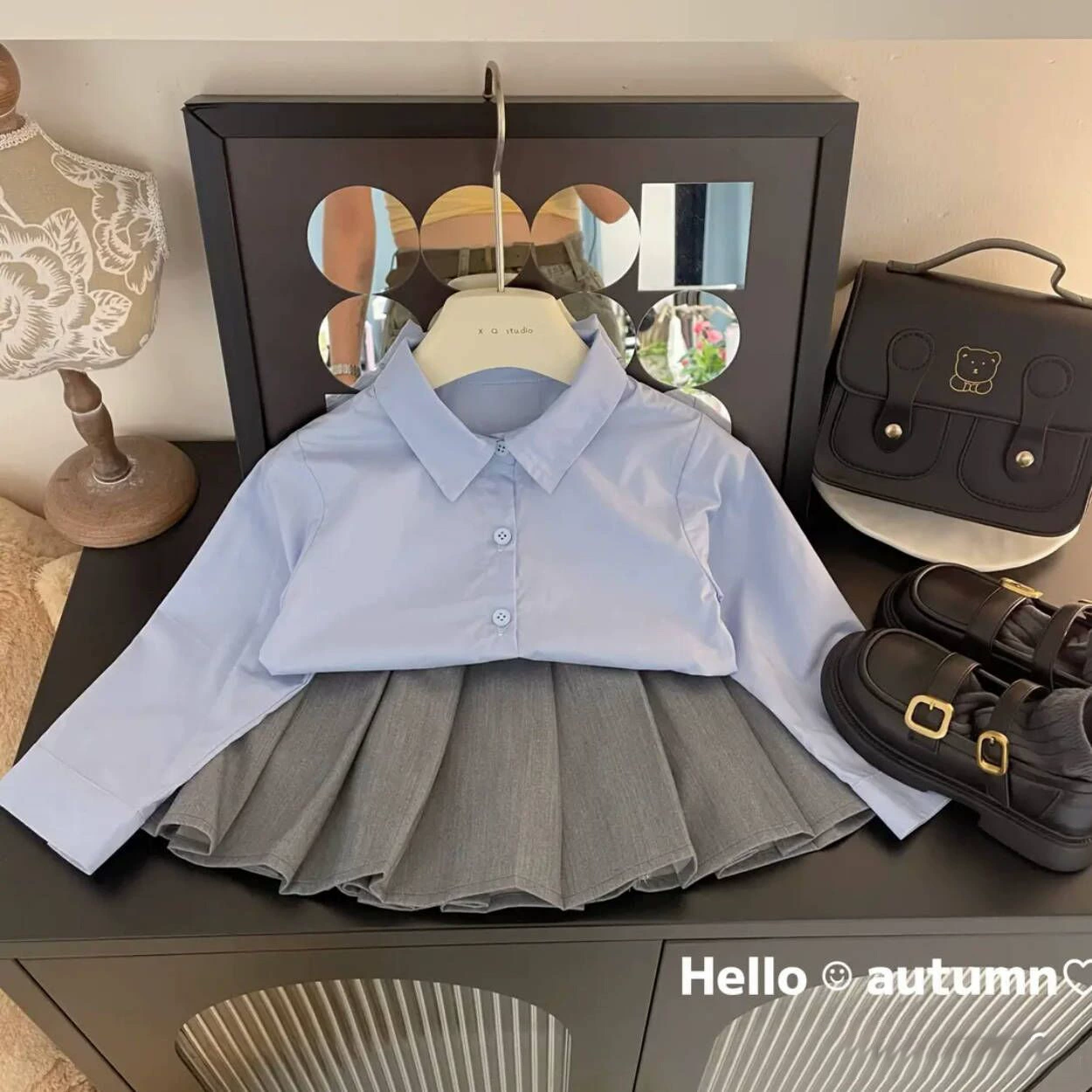 蘑菇房 Autumn knitted sweater, T-shirt with a round collar, long-sleeve, shirt, pleated skirt, set, 3 piece set