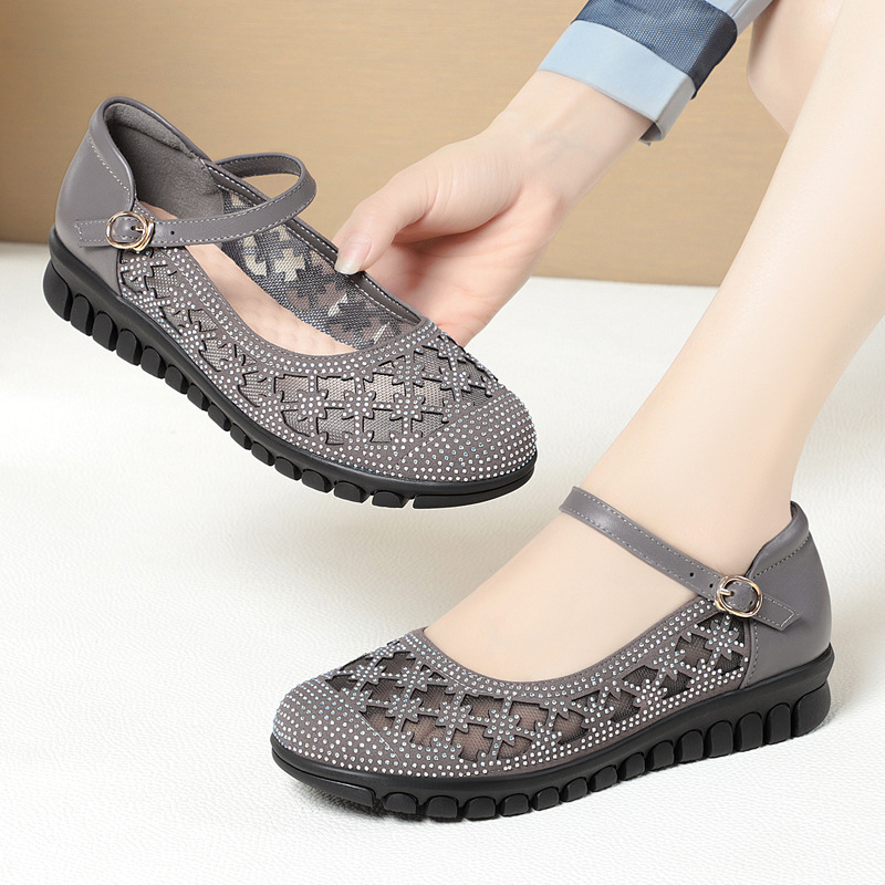 Sandal bít mũi nữ vải lưới da thật đế mềm thoáng khí — Màu be